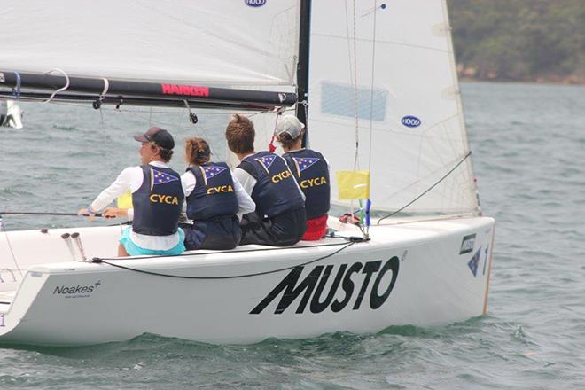 Harry Price watching over his shoulder in prestart at the 2014 Musto International © Andrea Francolini